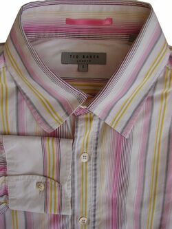TED BAKER Shirt Mens 15.5 M White - Pink Yellow & Grey Stripes