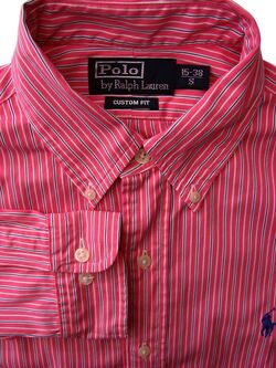 RALPH LAUREN POLO Shirt Mens 15 S Pink - Black & White Stripes CUSTOM FIT