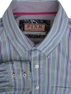 THOMAS PINK Shirt Mens 16 M Blue - Purple Green & White Stripes