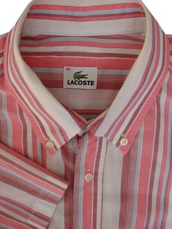 LACOSTE Shirt Mens 16.5 L White Pink & Blue Stripes LIGHTWEIGHT SHORT SLEEVE
