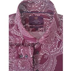 HAWES & CURTIS Shirt Mens 16.5 L Burgundy & White Paisley PICCADILLY STRETCH