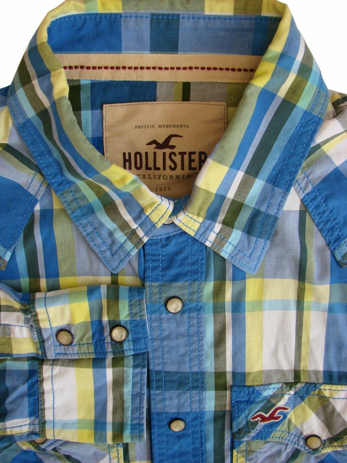 Hollister Mens Blue White Yellow Striped Button Shirt Medium NWOT