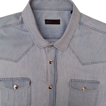 PRADA Shirt Mens 17.5 XL Light Blue Denim Look POPPERS