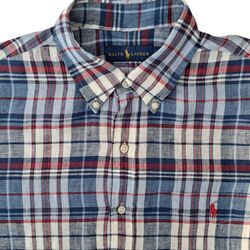 RALPH LAUREN Shirt Mens 16 M Red White & Blue Check LINEN SHORT SLEEVE NEW