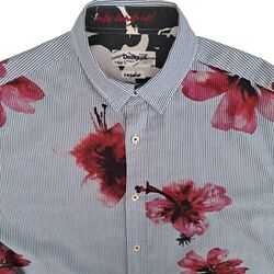 DESIGUAL Shirt Mens 15.5 L Blue Stripes & Flowers REGULAR