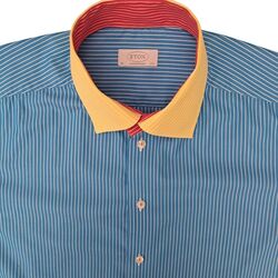 ETON CONTEMPORARY Shirt Mens 16.5 L Blue – White Stripes & Yellow Collar